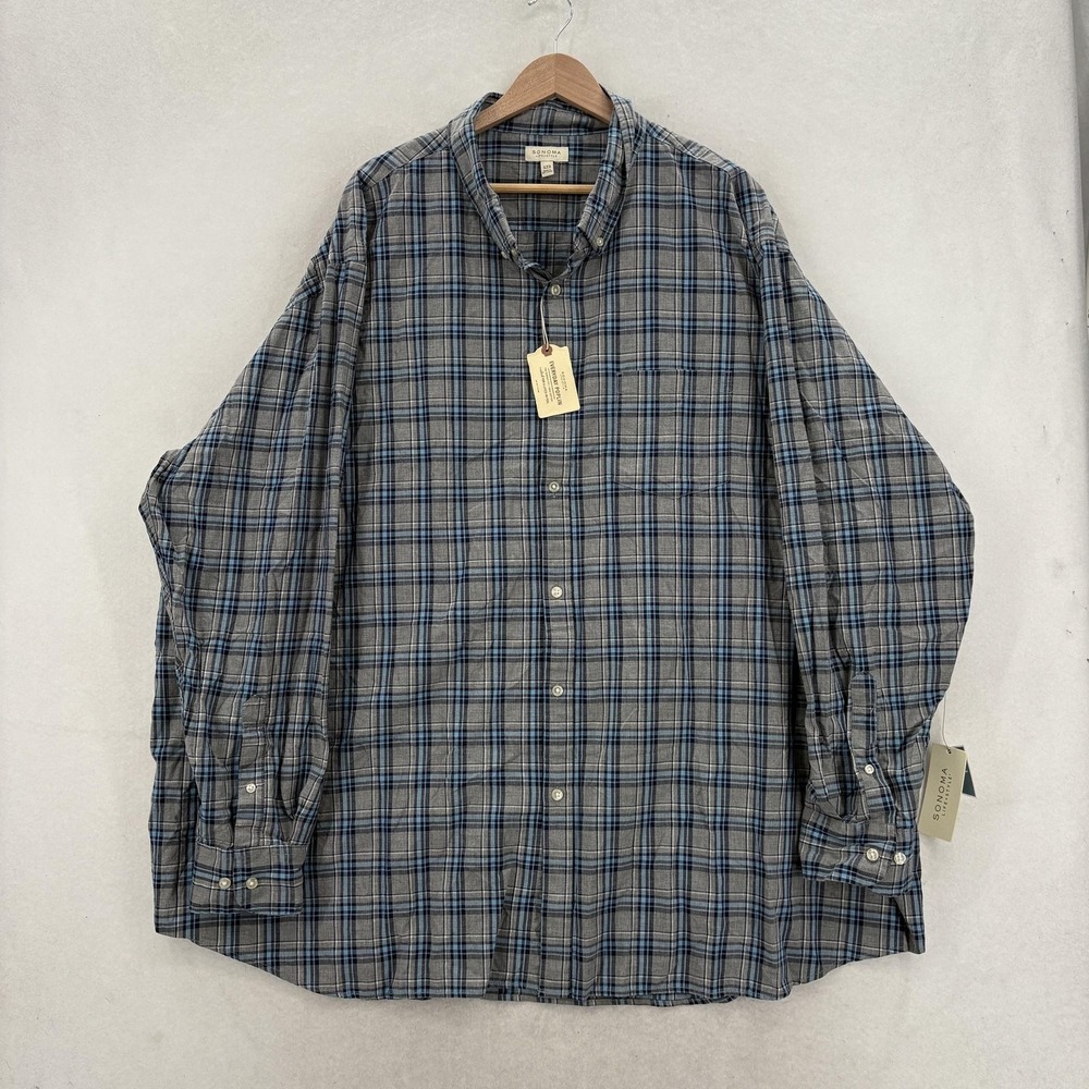 Sonoma Shirt Mens Big 4X Blue Plaid Long Sleeve Everyday Poplin NWT Casual